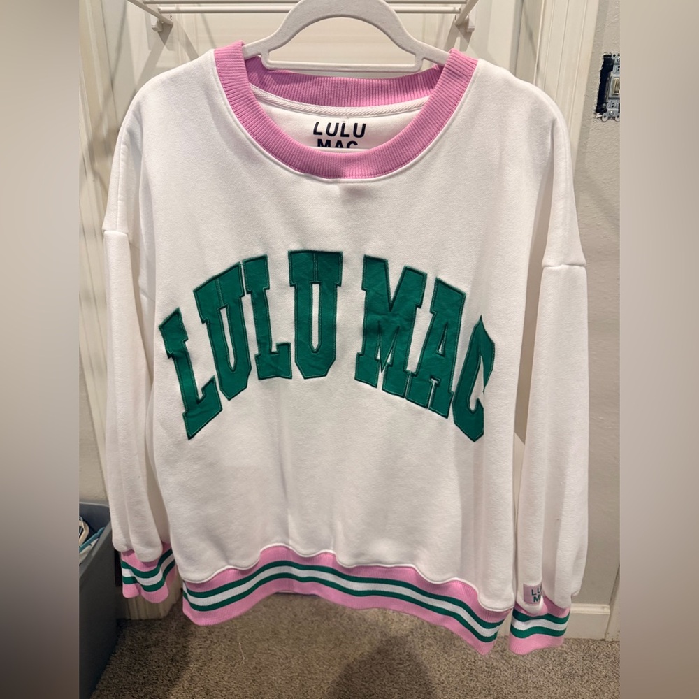 Lulu Mac White Varsity Pullover Sweatshirt with Pink & Green Trim